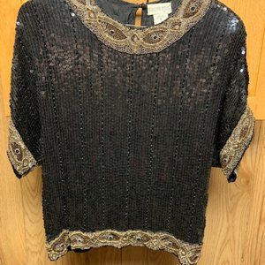 JUSTINE TODD vintage women’s black & gold silk sequin cocktail blouse / size S